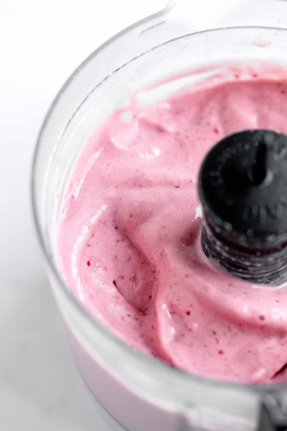 Up close image of the cottage cheese strawberry ice cream.